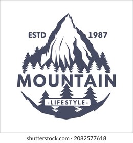 Outdoor Adventure and Hiking Tourism Logo with Black Forest and Mountain Silhouette Vector Template