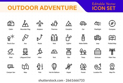 Outdoor Adventure Icon Pack - Inclui ícones cênicos como tendas de acampamento, equipamentos de viagem, trilhas florestais, picos de montanha, pôr do sol e vistas da natureza para projetos livres e selvagens.