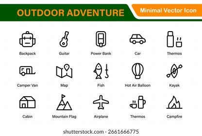 Outdoor Adventure Icon Pack - Inclui ícones cênicos como tendas de acampamento, equipamentos de viagem, trilhas florestais, picos de montanha, pôr do sol e vistas da natureza para projetos livres e selvagens.