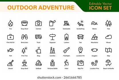 Outdoor Adventure Icon Pack – Includes scenic icons like camping tents, travel gear, forest trails, mountain peaks, sunsets, and nature views for wild and free projects.