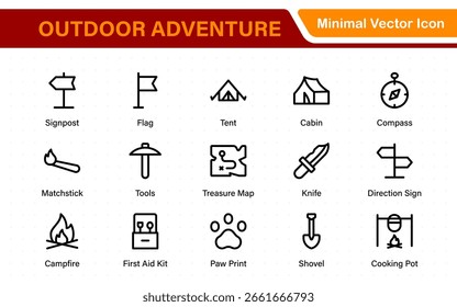 Outdoor Adventure Icon Pack – Includes scenic icons like camping tents, travel gear, forest trails, mountain peaks, sunsets, and nature views for wild and free projects.