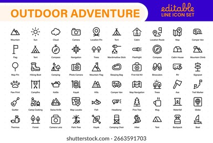 Outdoor Adventure Icon Pack - Inclui ícones cênicos como tendas de acampamento, equipamentos de viagem, trilhas florestais, picos de montanha, pôr do sol e vistas da natureza para projetos livres e selvagens.