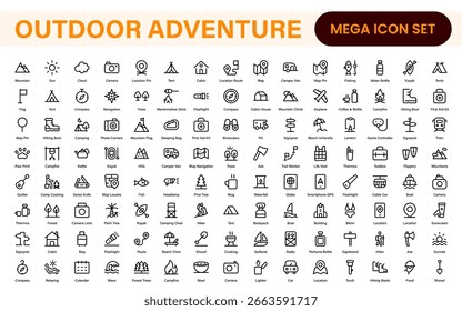 Outdoor Adventure Icon Pack - Inclui ícones cênicos como tendas de acampamento, equipamentos de viagem, trilhas florestais, picos de montanha, pôr do sol e vistas da natureza para projetos livres e selvagens.