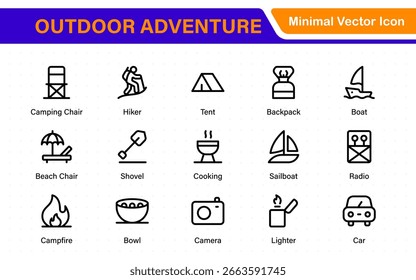 Paquete de iconos de aventura al aire libre: incluye iconos escénicos como tiendas de campaña, equipo de viaje, senderos forestales, picos de montaña, puestas de sol y vistas de la naturaleza para proyectos salvajes y gratuitos.