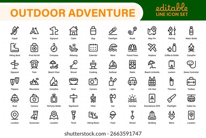 Paquete de iconos de aventura al aire libre: incluye iconos escénicos como tiendas de campaña, equipo de viaje, senderos forestales, picos de montaña, puestas de sol y vistas de la naturaleza para proyectos salvajes y gratuitos.