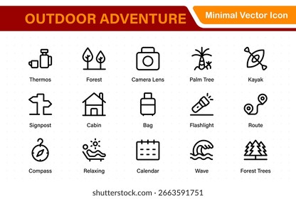 Outdoor Adventure Icon Pack - Enthält malerische Symbole wie Campingzelte, Reiseutensilien, Waldwege, Berggipfel, Sonnenuntergänge und Naturschauen für wilde und kostenlose Projekte.