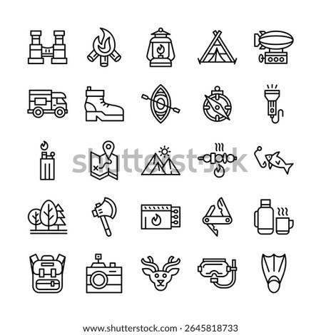 Outdoor and adventure icon set in line style
