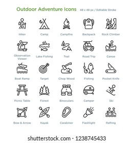 Outdoor Adventure Icons - Outline styled icons, designed to 48 x 48 pixel grid. Editable stroke.