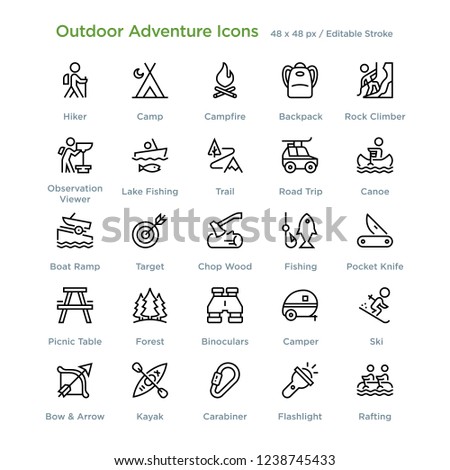 Outdoor Adventure Icons - Outline styled icons, designed to 48 x 48 pixel grid. Editable stroke.