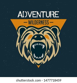 outdoor adventure illustration grizzly bear. Vector wilderness graphic for t shirt and other uses.
