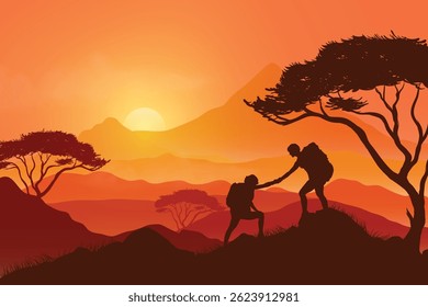 Outdoor Adventure Illustration of Hikers Helping Each Other on a Mountain Peak. Sunset Silhouette Scene with African Savannah Trees, Rolling Hills, and Warm Golden Horizon