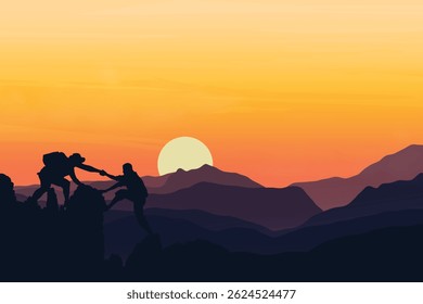 Ilustração de aventura ao ar livre de caminhantes ajudando uns aos outros em um pico de montanha contra um céu de pôr do sol vibrante com camadas coloridas de colinas e um sol brilhante