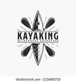 Outdoor adventure kayaking logo, kayak boat and paddle logo vector logo on white background