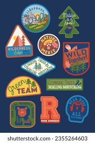 Outdoor adventure land adventure badges bear animal mushroom nature woods woodland forest owl mountain slogan wild achievement graphics t-shirt vector artwork