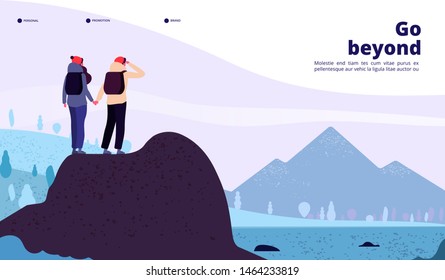 Outdoor adventure landing. Couple with backpack climbing mountain looking new horizon. Healthy lifestyle tourism web vector page. Illustration of adventure hiking, man tourist travel trekking