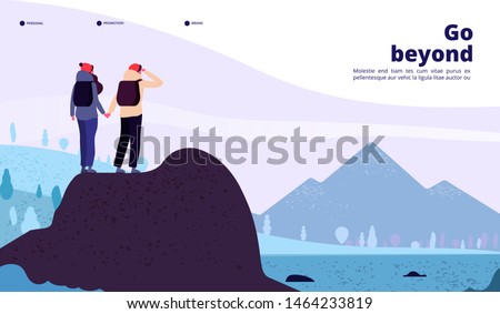 Outdoor adventure landing. Couple with backpack climbing mountain looking new horizon. Healthy lifestyle tourism web vector page. Illustration of adventure hiking, man tourist travel trekking