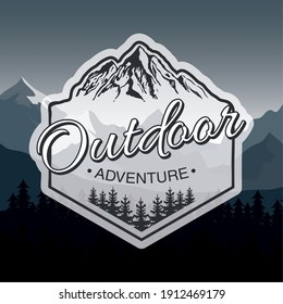outdoor adventure lettering emblem with mountains in landscape vector illustration design