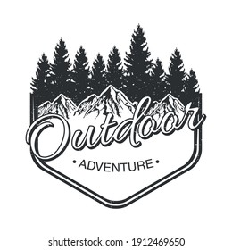 outdoor adventure lettering emblem with pines forest and mountains vector illustration design