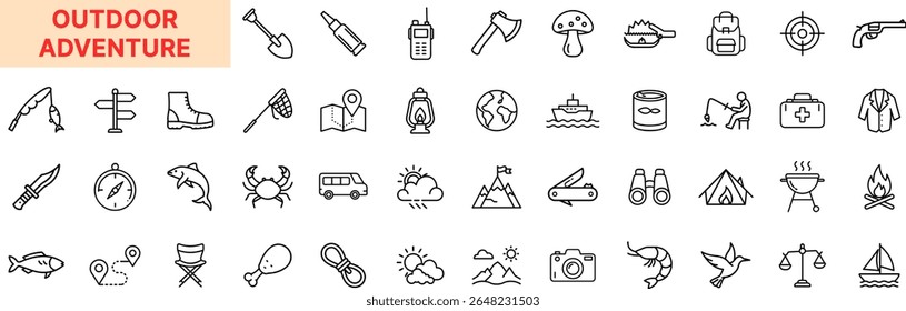 Outdoor Adventure Line Icon Design Featuring Tents, Campfires, Mountains, Axes, Maps, Flashlights, Boats, Fishing, Hiking Boots, Wildlife, Compass, Binoculars, Weather, and Travel Gear