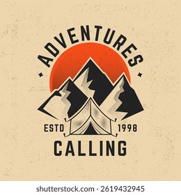 Outdoor Adventure logo with mountains, tent and red sun in vintage style. Perfect for hiking, camping or travel branding. Adventure logo with mountains and tent in retro style. Vector illustration