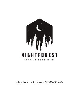 Outdoor adventure logo with pines forest, moon, and stars vector illustration on white background