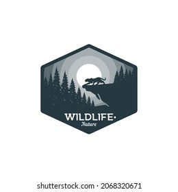 Outdoor Adventure Logo Template. Badge Vintage of Night with Tiger and Forest Logo Emblem