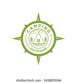Outdoor adventure logo with tent elements and wind rose.