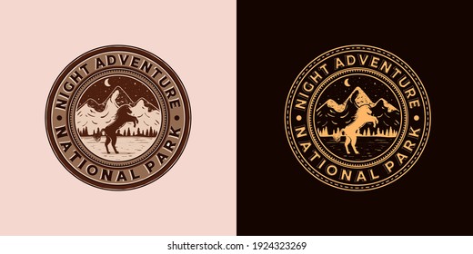 Outdoor Adventure Logo Vector Illustration Design. Exclusive Vintage Style Adventure Logo Design. Vintage Old Style of Night Adventure Logo Emblem. Night, Horse and Mountain Logo Concept Inspiration