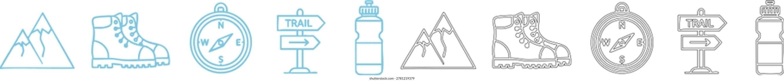 Outdoor adventure mountain boot compass trail sign water bottle