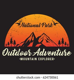 Outdoor adventure, mountain explorer, national park typography, t-shirt graphics, vectors