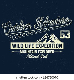Outdoor adventure, mountain explorer, national park typography, t-shirt graphics, vectors