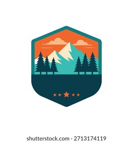 Aventura ao ar livre Montanha e Pine Forest Badge Logo Vetor
