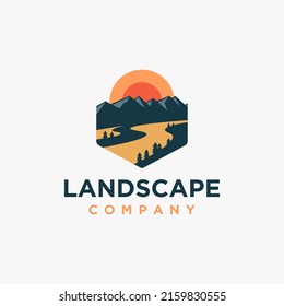 Outdoor adventure mountain and river landscape logo icon vector template on white background