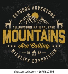 Outdoor adventure mountain vintage typography vector design for t-shirt and poster. Wildlife expedition grunge design with deer vector. Good for label, emblem, stamp too.  