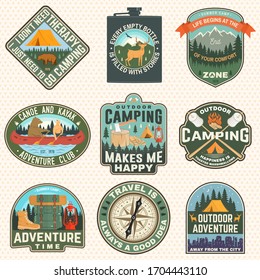 Outdoor adventure patch with quotes. Vector. Concept for shirt or logo, print, stamp or tee. Vintage typography design with backpack , elk, bear, tent, forest and mountain landscape silhouette