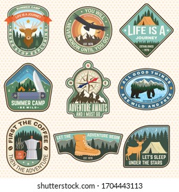 Outdoor adventure patch with quotes. Vector. Concept for shirt or logo, print, stamp or tee. Vintage typography design with hiking boots, elk, bear, tent, forest and mountain landscape silhouette