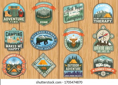 Outdoor Adventure Patch With Quotes. Vector. Concept For Shirt Or Logo, Print, Stamp Or Tee. Vintage Typography Design With Hiking Boots, Elk, Bear, Tent, Forest And Mountain Landscape Silhouette