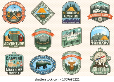 Outdoor Adventure Patch With Quotes. Vector. Concept For Shirt Or Logo, Print, Stamp Or Tee. Vintage Typography Design With Hiking Boots, Elk, Bear, Tent, Forest And Mountain Landscape Silhouette