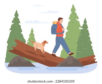 Outdoor adventure or recreation. Character spending their time in nature. Tourist, hiker or backpacker explore mountains and forest. Active recreation and camping. Flat vector illustration