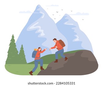 Outdoor adventure or recreation. Couple or friends spending their time in nature. Tourist, hiker or backpacker explore mountains and forest. Active recreation and camping. Flat vector illustration