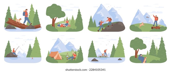 Outdoor adventure or recreation set. Character spending their time in nature. Tourist, hiker or backpacker explore mountains and forest. Active recreation and camping. Flat vector illustration