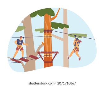 Parque de cuerdas de aventuras al aire libre con rastros en árboles en ilustración plana vectorial aislada en blanco. Hombre, mujer en cascos, equipo de montañismo se dedican a escalar rocas o superar obstáculos.