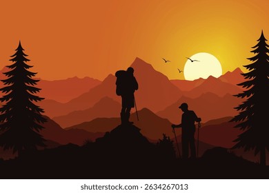 Outdoor Adventure Scene at Sunset with Silhouetted Hikers, Pine Trees, Distant Mountains, and Flying Birds Under a Glowing Orange Sky. Scenic Nature Exploration Background Illustration.