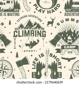 Outdoor adventure seamless pattern, background. Vector illustration. Vintage typography design with compass, guitar, camping caravan car, tent, mountain, axe and forest silhouette.