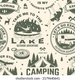 Outdoor Adventure Seamless Pattern, Background. Vector Illustration. Vintage Typography Design With Compass, Man In Canoe, Climber, Camping Caravan Car, Tent, Mountain, Axe And Forest Silhouette.