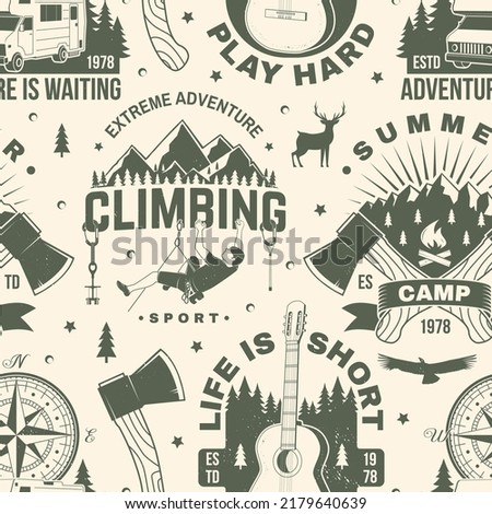 Outdoor adventure seamless pattern, background. Vector illustration. Vintage typography design with compass, guitar, camping caravan car, tent, mountain, axe and forest silhouette.