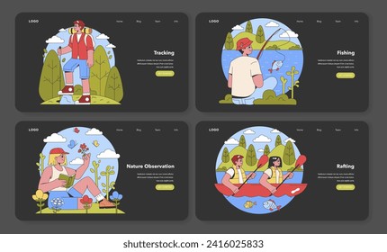 Outdoor Adventure set. Hiking through lush trails, angling for the big catch, observing nature s details, navigating river rapids. Camping delights showcased. Flat vector illustration