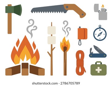 Outdoor adventure set includes bonfire marshmallows matchstick compass knife first aid kit and woodcutting tools vector art.