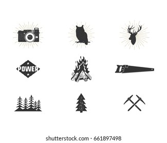 Outdoor adventure silhouette icons set. Climb and camping shapes collection. Simple black pictograms bundle. Use for creating logo and other hiking, surf designs. Vector isolated on white