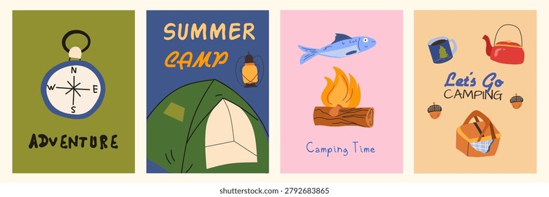 Outdoor Adventure and Summer Camp Vector Poster Set, Cute Hand Drawn Compass Tent Bonfire and Picnic Basket Illustration, Minimalist Flat Travel Card Design for Camping Time Promotion.